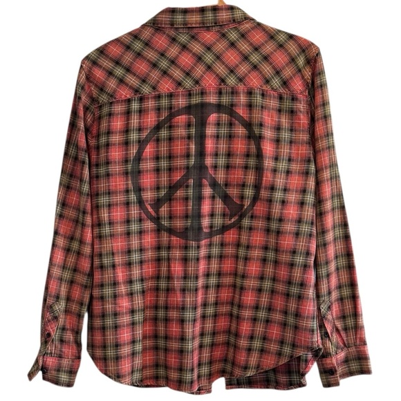 Junk Food Plaid Peace Sign Flannel Button Front Shirt Green Peach Size Large - Picture 4 of 8